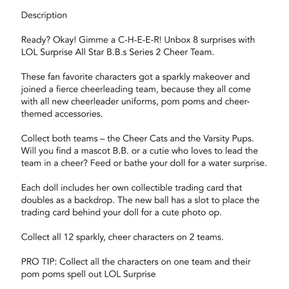 LOL Surprise! All-Star BBs Sports Series 2 Cheer Team Sparkly Dolls, 8 Surprises - Picture 4 of 5